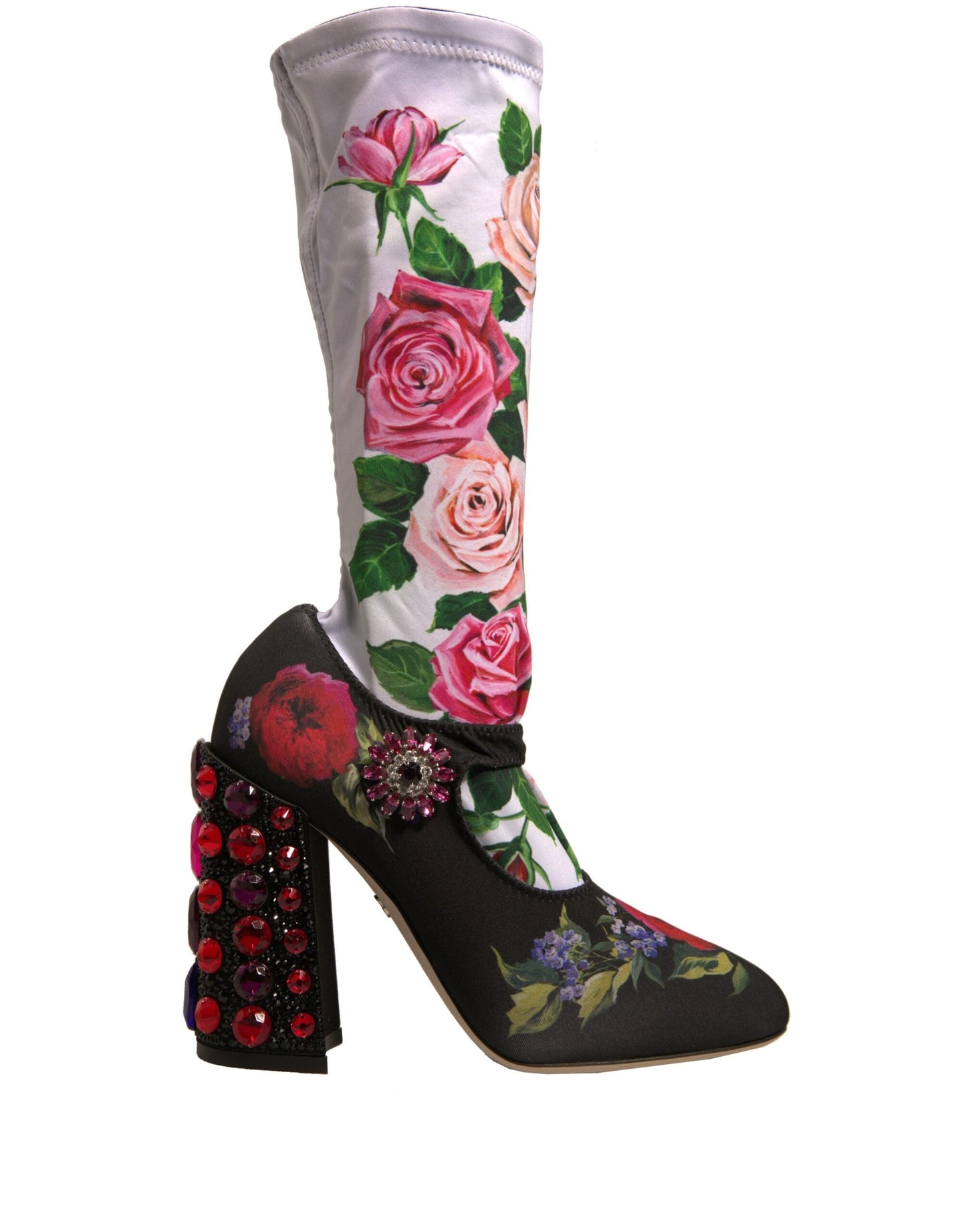 Dolce & Gabbana Black Floral Socks Crystal Boots Jersey Women's Shoes