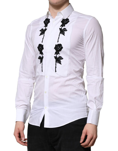 Dolce & Gabbana White Floral Embroidery Men GOLD Formal Men's Shirt (Pre-Owned)