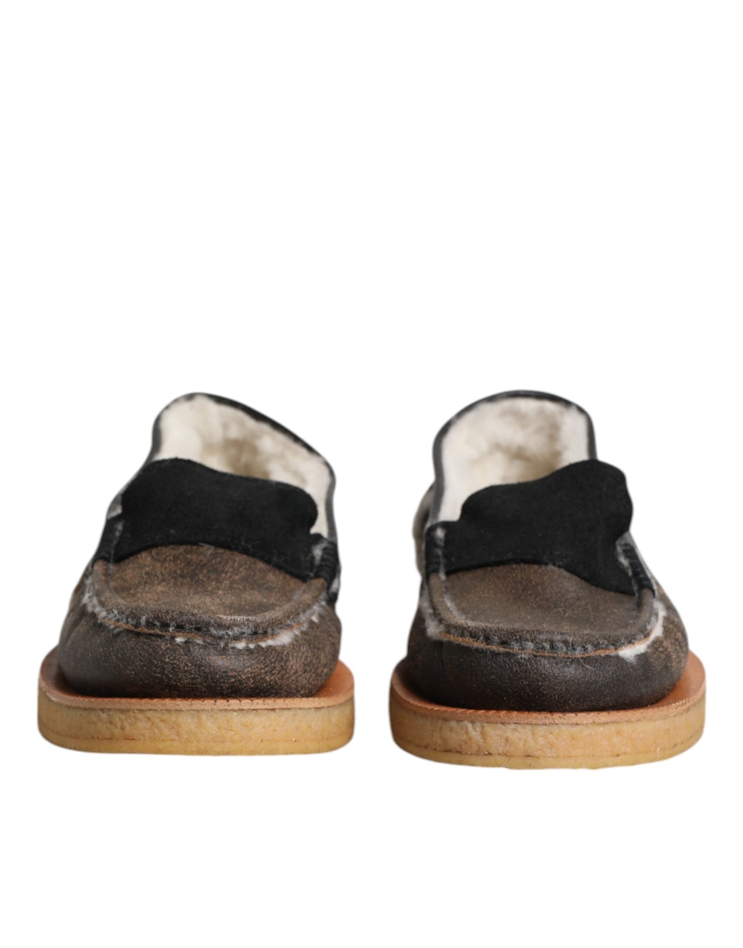 Dolce & Gabbana Brown White Calfskin Leather Loafers Men's Shoes