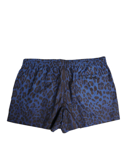 Dolce & Gabbana Blue Leopard Print Polyester Elastic Waistband Men's Swimwear